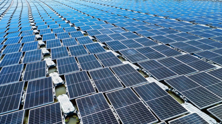 Aerial view of a large floating solar farm